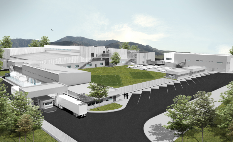 Vista aérea del centro de distribución Belcorp en Tocancipá, Cundinamarca. Diseño arquitectónico e ingeniería por Dinpro. Servicios de logística y BIM.