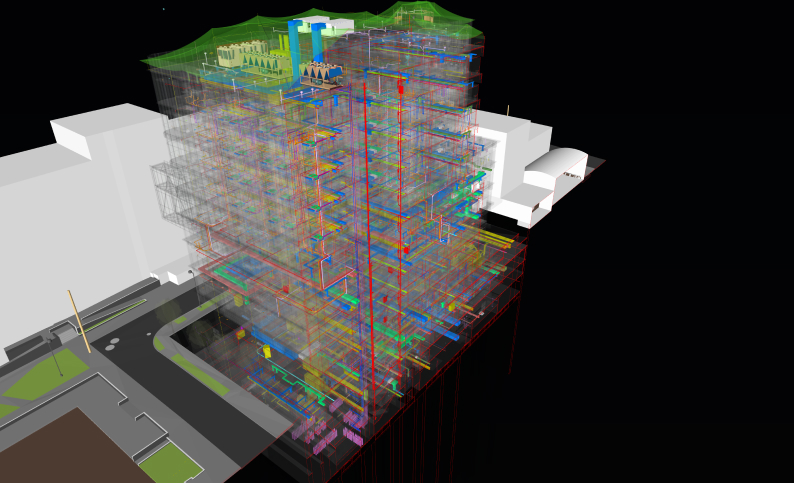 Representación BIM de la Clínica del Country en Bogotá, mostrando diseño de estructuras, ingeniería civil, mecánica, eléctrica y sistemas especializados por Dinpro.
