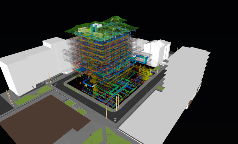Diseño BIM de clínica en Bogotá Cundinamarca, incluyendo estructuras, ingeniería civil, mecánica, eléctrica y sistemas especializados por Dinpro.