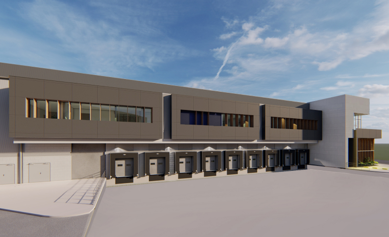 Renderizado de bodegas de almacenamiento de café en Cartagena, Bolívar, diseñadas por Dinpro con servicios de arquitectura, ingeniería y consultoría logística.