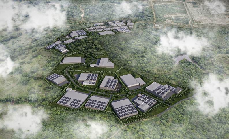 Vista aérea del Polígono Logístico e Industrial Cubika Caribe en Cartagena, con diseños de arquitectura y construcción sostenible por Dinpro.