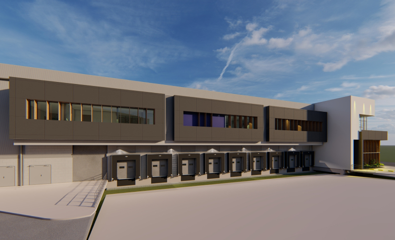 Renderizado de bodegas de almacenamiento de café Contecar, diseñadas por Dinpro con servicios de arquitectura, BIM y diseño de ingeniería.