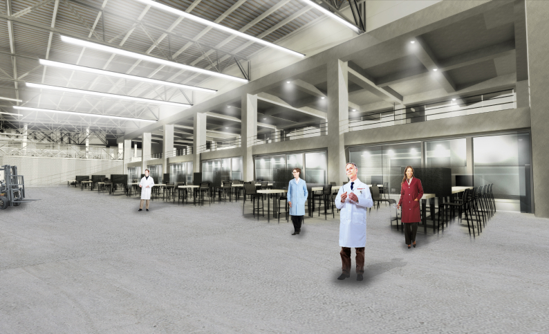 Vista interior del centro de distribución Belcorp en Tocancipá, Cundinamarca. Diseño de ingeniería y arquitectura por Dinpro. Almacén logístico para productos de aseo, cosméticos y cuidado personal.