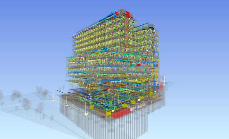 Modelo BIM de la Clínica de Buenaventura, diseño de estructuras e instalaciones MEP por Dinpro. Ingeniería civil y sistemas especializados.