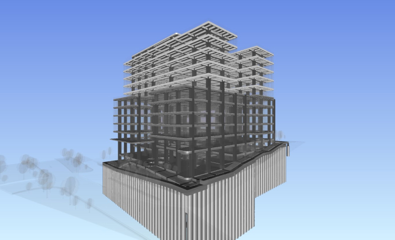 Representación BIM de la Clínica de Buenaventura, diseño estructural e ingeniería MEP por Dinpro. Servicios de diseño civil y sistemas especializados.