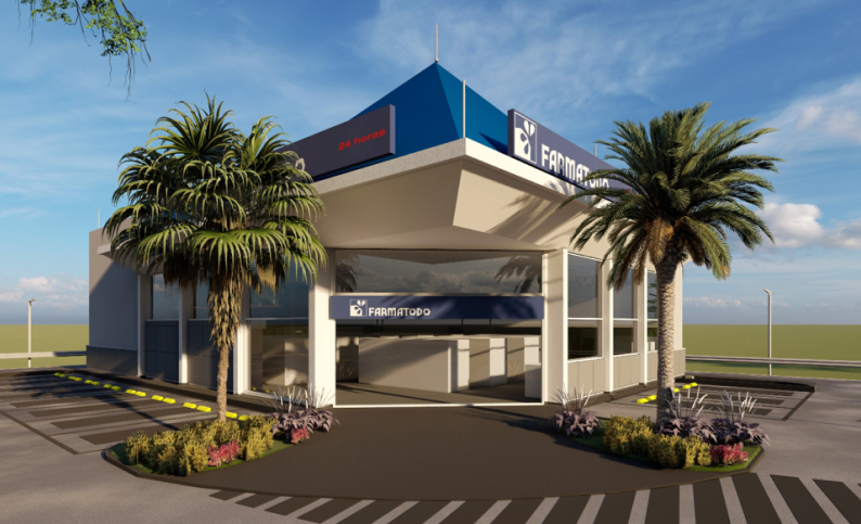 Diseño arquitectónico de tienda Farmatodo en Colombia, renderizado 3D con palmeras, servicios de Dinpro en diseño de retail.