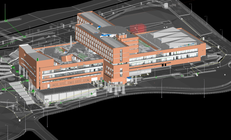 Vista aérea del Hospital de Usme en Bogotá, diseño estructural e ingeniería MEP por Dinpro. Servicios de BIM y construcción sostenible.