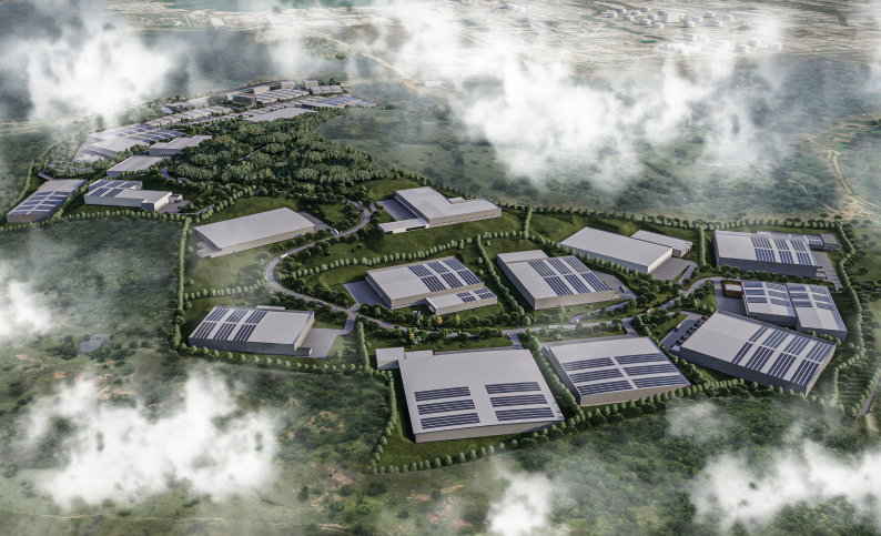 Vista aérea del Polígono Logístico e Industrial Cubika Caribe en Cartagena, con diseños de arquitectura e ingeniería por Dinpro.