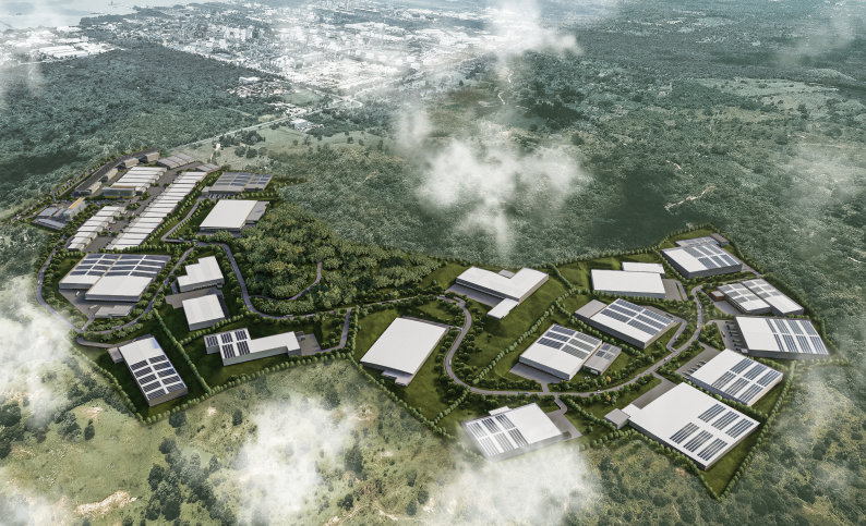 Vista aérea del Polígono Logístico e Industrial Cubika Caribe en Cartagena, con diseños de arquitectura e ingeniería por Dinpro. Parques industriales sostenibles.