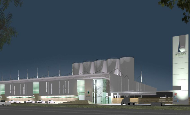 Renderizado del centro logístico Argos en Medellín, diseño de estructuras e interventoría por Dinpro. Almacenamiento de materiales e insumos para la construcción.