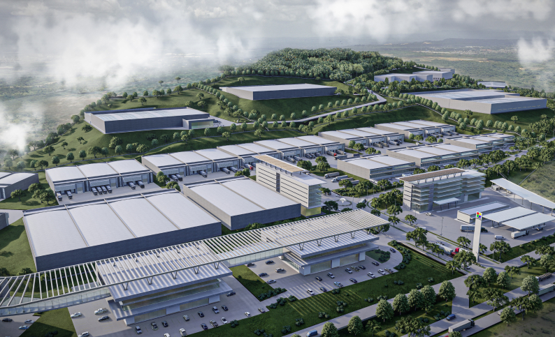 Vista aérea del Polígono Logístico e Industrial Cubika Caribe en Cartagena, con diseños de arquitectura e ingeniería por Dinpro. Parques industriales modernos.