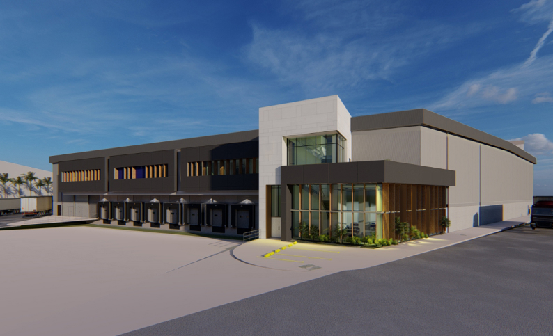 Renderizado de bodegas de almacenamiento de café en Cartagena, diseñadas por Dinpro con servicios de arquitectura, ingeniería y consultoría logística.