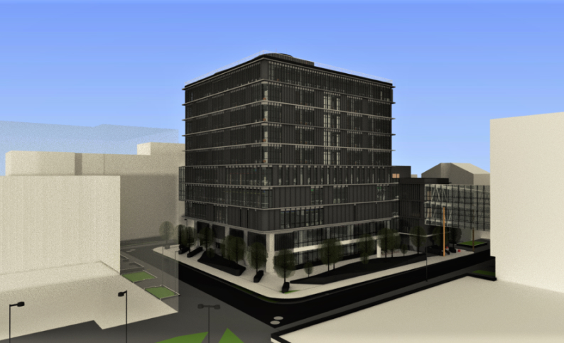 Renderizado 3D de la Clínica del Country en Bogotá, diseño de ingeniería civil y estructural por Dinpro. Servicios BIM y MEP.