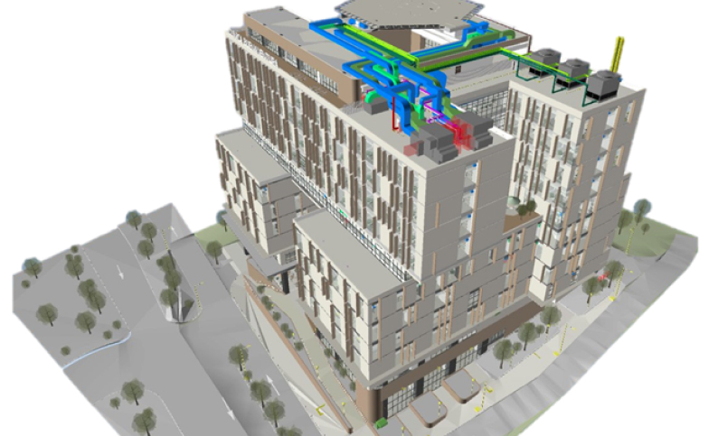 Representación 3D BIM de la Clínica de Buenaventura, Valle del Cauca. Diseño de estructuras, ingeniería civil y sistemas MEP por Dinpro.