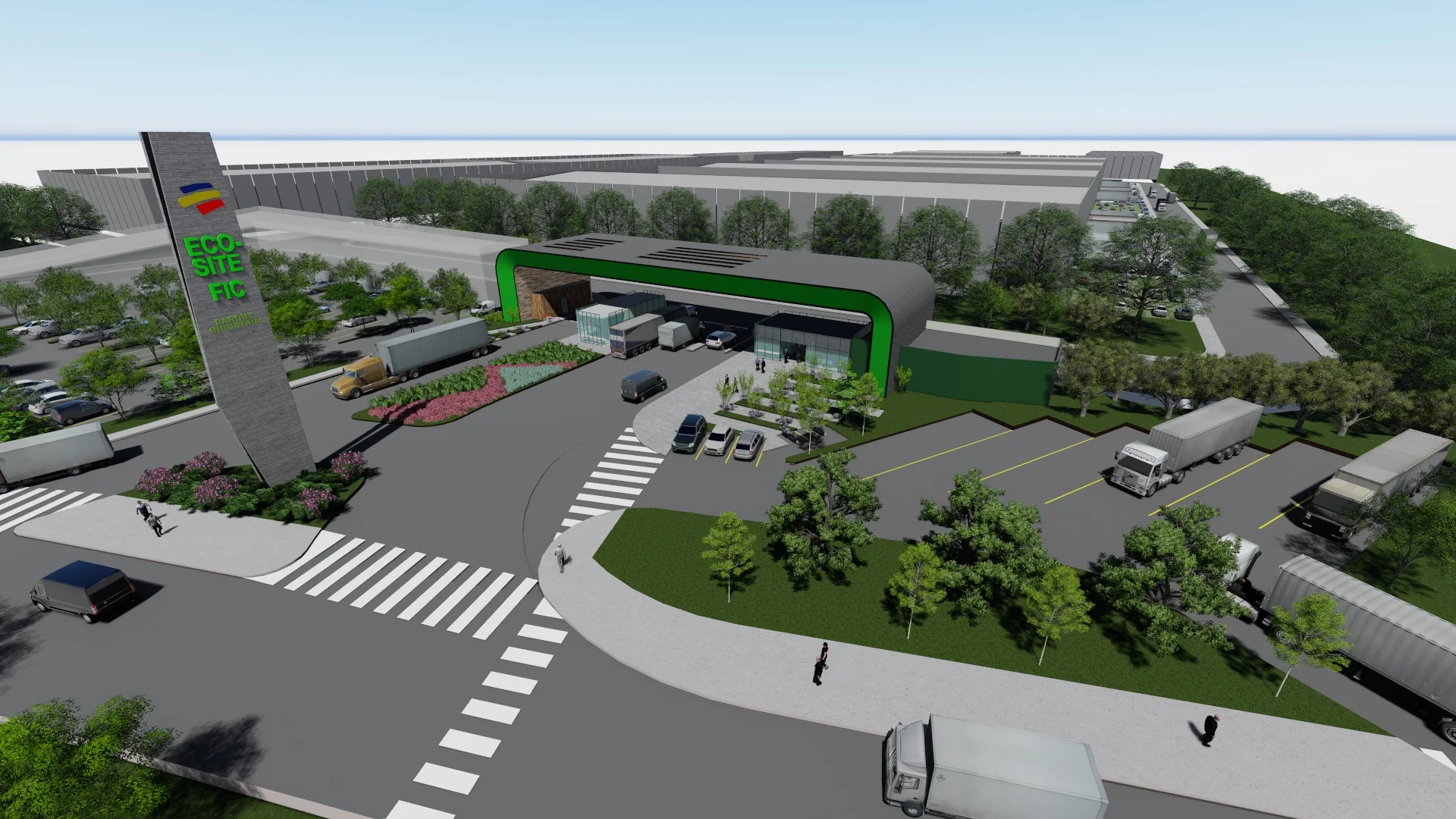 Vista aérea del Parque Logístico Zonna en Funza, Cundinamarca, con camiones y zonas de carga. Dinpro desarrolla proyectos logísticos industriales.