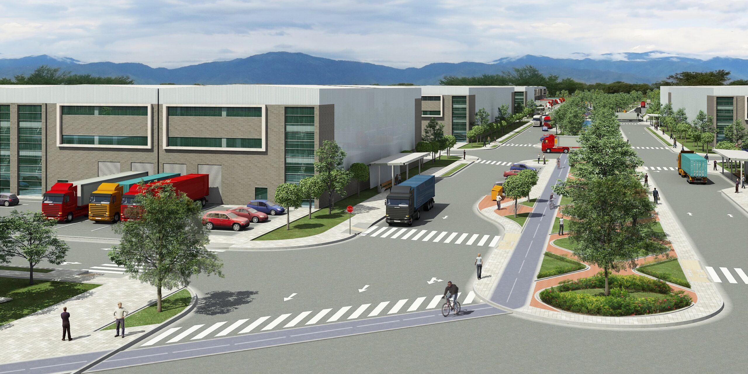 Vista aérea de la Zona Franca Ibagué, con camiones y vehículos circulando, representando un parque logístico industrial en el Tolima. Dinpro ofrece soluciones integrales para proyectos industriales y comerciales.