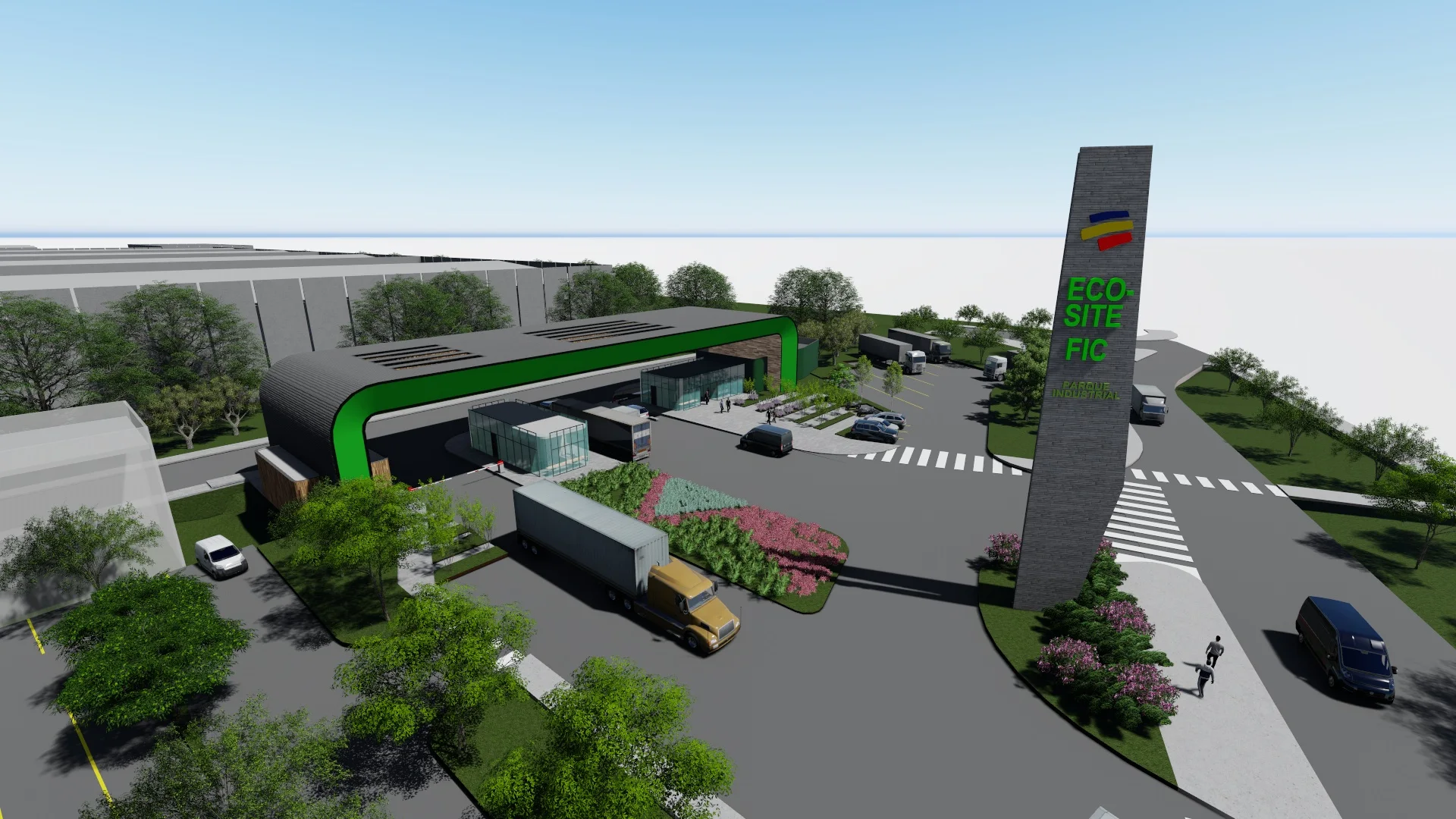 Vista aérea del Parque Logístico Zonna en Funza, Cundinamarca. Diseño moderno y funcional para soluciones logísticas industriales. Dinpro.