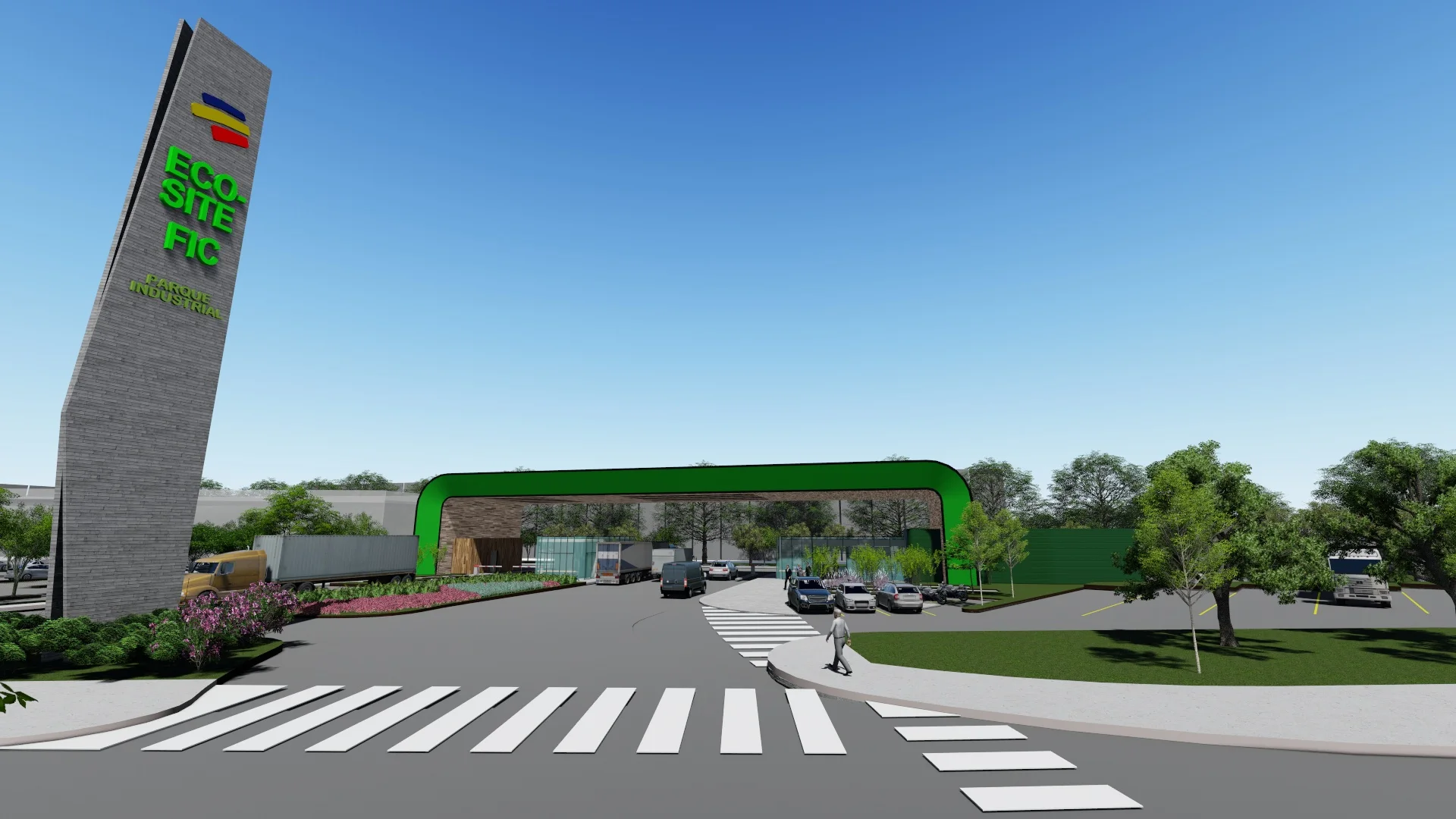 Vista frontal del Parque Logístico Zonna en Funza, Cundinamarca, con infraestructura moderna y áreas verdes. Ideal para operaciones logísticas e industriales. Dinpro.