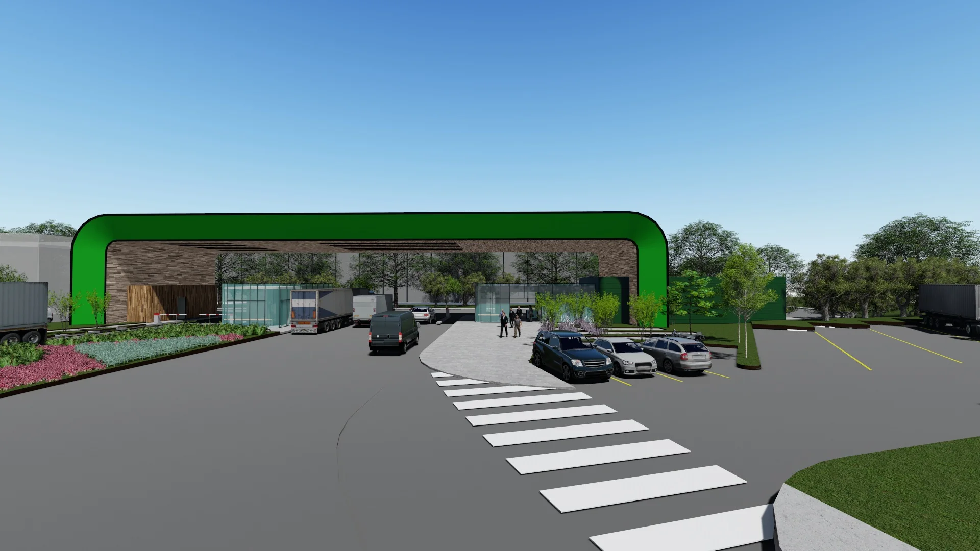 Renderizado del Parque Logístico Zonna en Funza, Cundinamarca, con áreas de carga y descarga, vehículos y zonas verdes. Proyecto desarrollado por Dinpro.