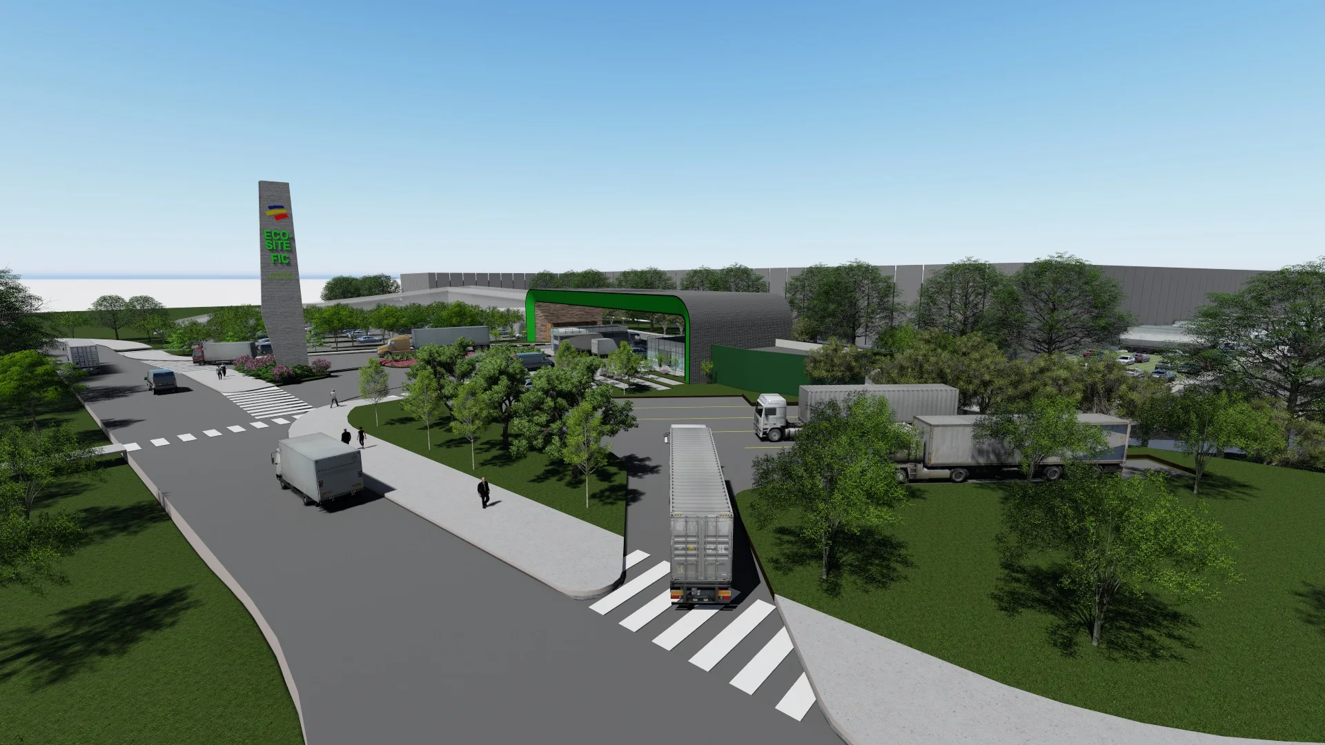 Vista aérea del Parque Logístico Zonna en Funza, Cundinamarca, con camiones y zonas de carga y descarga. Diseño moderno y eficiente para operaciones logísticas industriales.