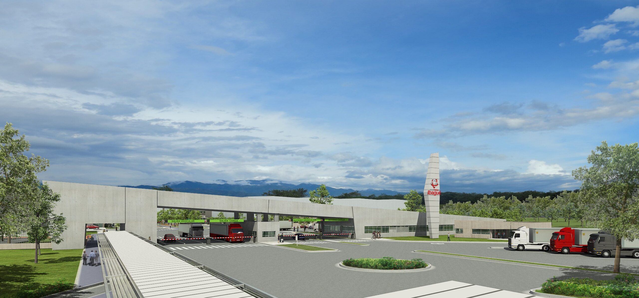 Vista aérea de la Zona Franca de Ibagué, parque logístico industrial en el Tolima, con camiones y áreas de control. Dinpro ofrece soluciones integrales para proyectos industriales y logísticos.