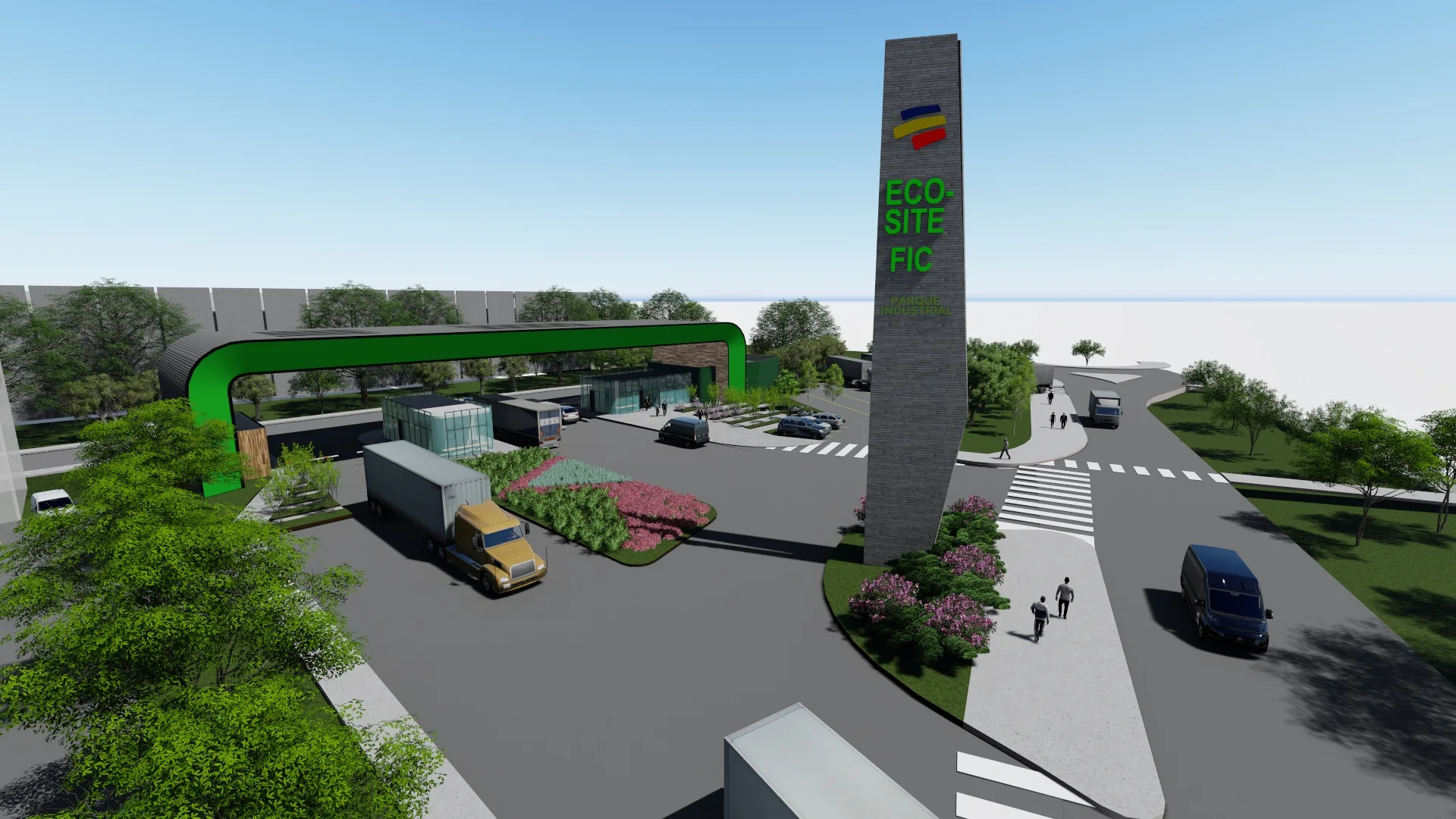 Vista aérea del Parque Logístico Zonna en Funza, Cundinamarca, con camiones y zonas verdes. Infraestructura logística industrial de Dinpro.