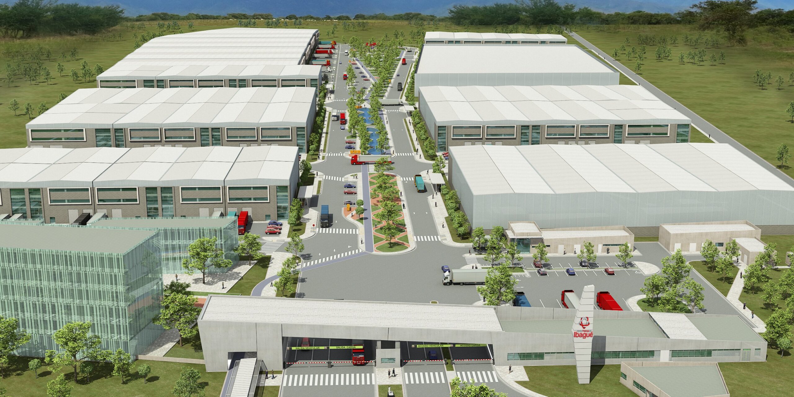 Vista aérea de la Zona Franca Ibagué, un parque logístico industrial en el Tolima, Colombia. Almacenes modernos y amplias vías de acceso. Dinpro.