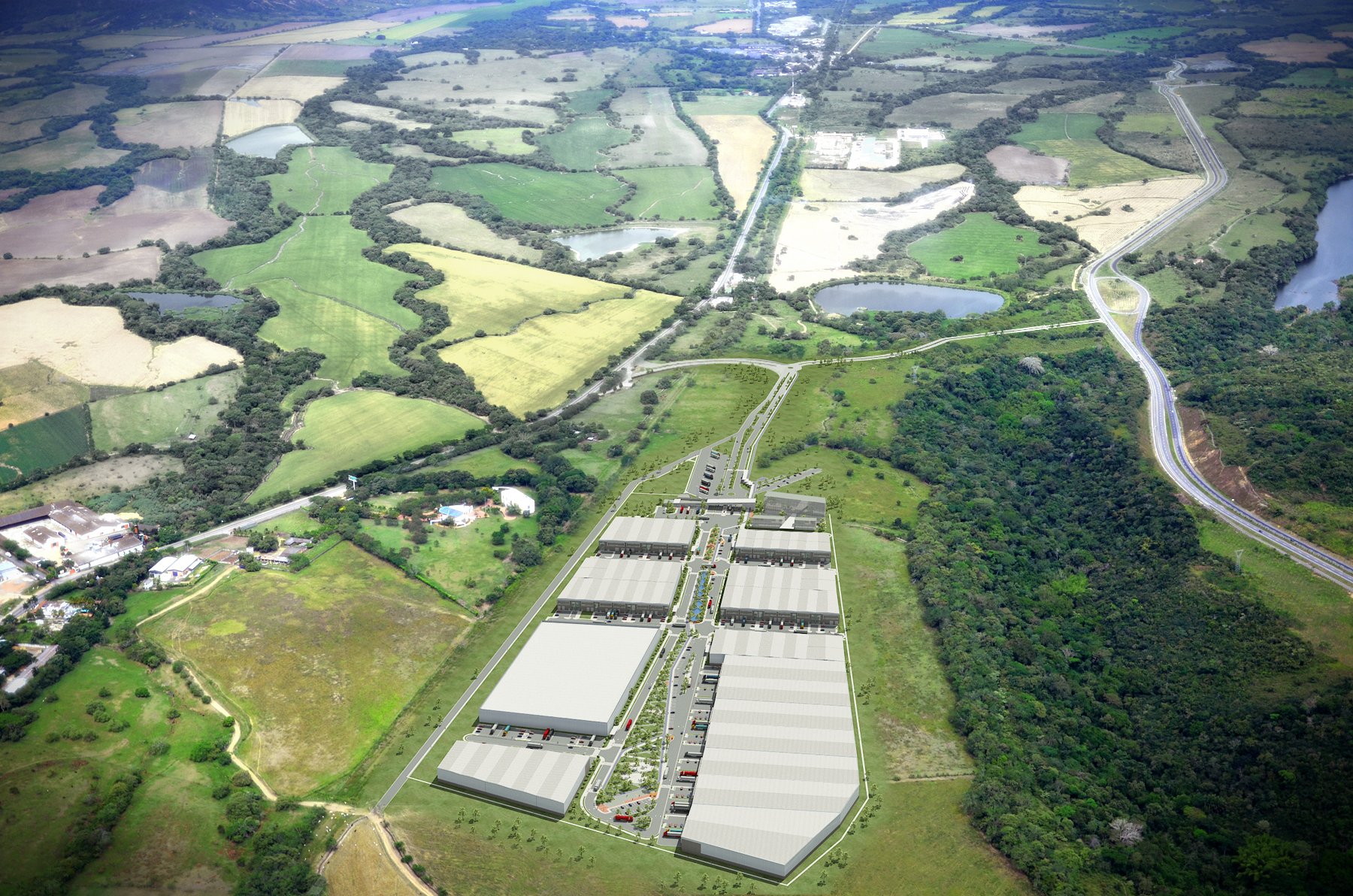 Vista aérea de la Zona Franca Ibagué, un parque logístico industrial en el Tolima, Colombia. Ideal para proyectos de Dinpro.